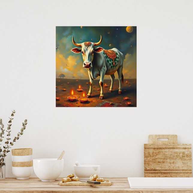 Indisk Helig Cow Diwali Light Poster (Kök)