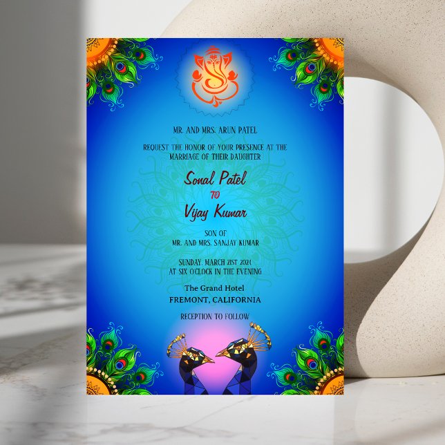 Indisk Hindu Bröllop Ganesha Blue Peacock Pair Inbjudningar (Skapare uppladdad)