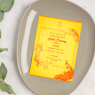 Indisk Hindu Brudgum Haldi Ceremoni Påfågel Tema Inbjudningar