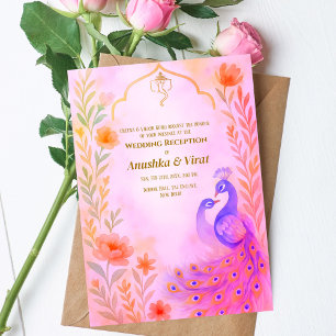 Indisk hindu Wedding Reception Peacock Blommigt Inbjudningar