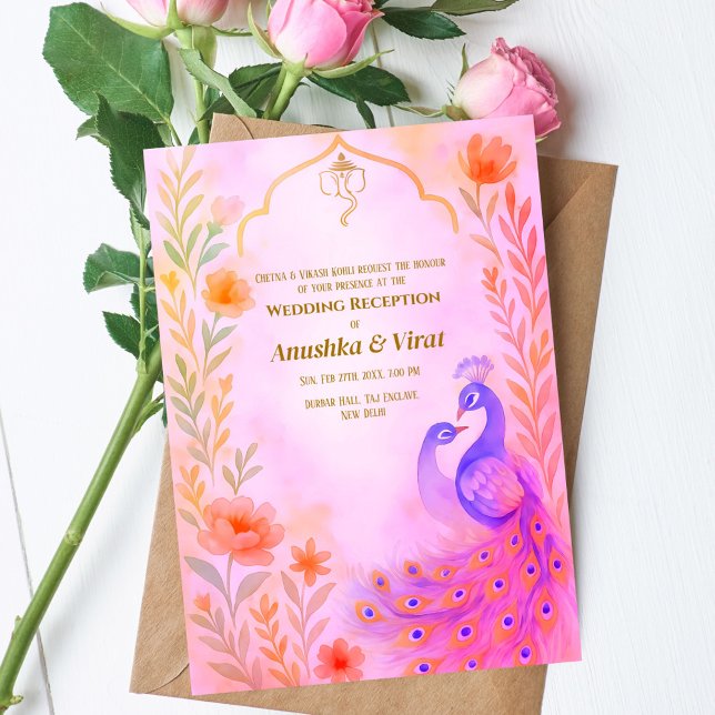 Indisk hindu Wedding Reception Peacock Blommigt Inbjudningar (Skapare uppladdad)