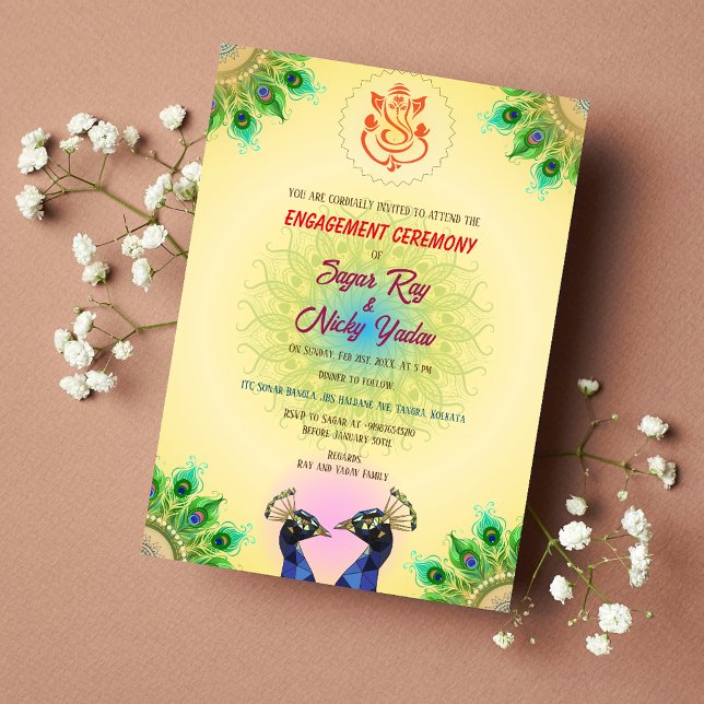 Indisk hinduisk förlovningsceremoni Påfågelpar Inbjudningar (Skapare uppladdad)