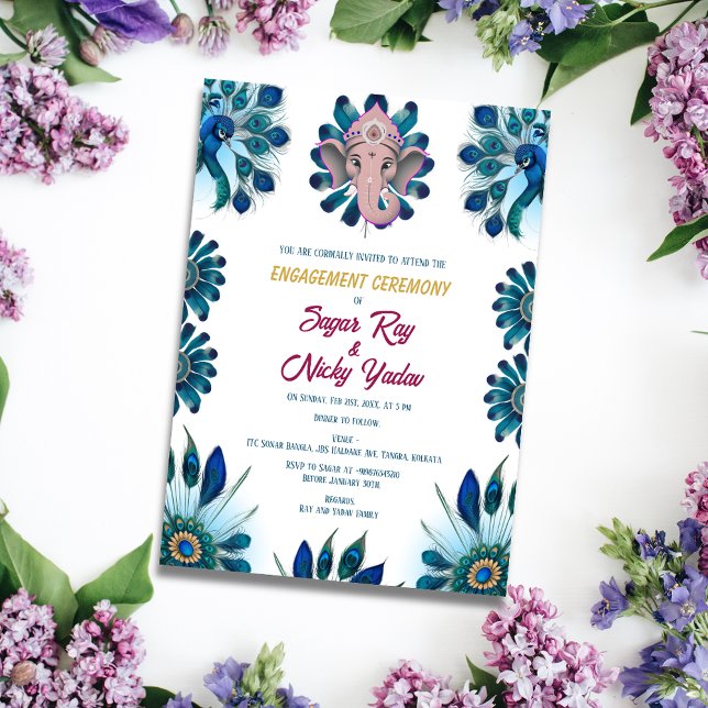Indisk hinduisk förlovningsceremoni Påfågelsfjäder Inbjudningar (Skapare uppladdad)