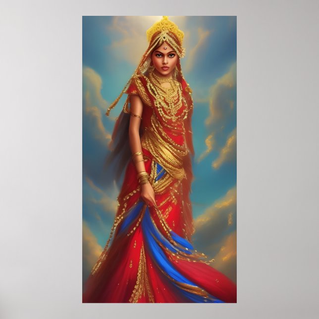 Indisk kvinna röd gulddräkt juvelbesatt  poster (Framsidan)