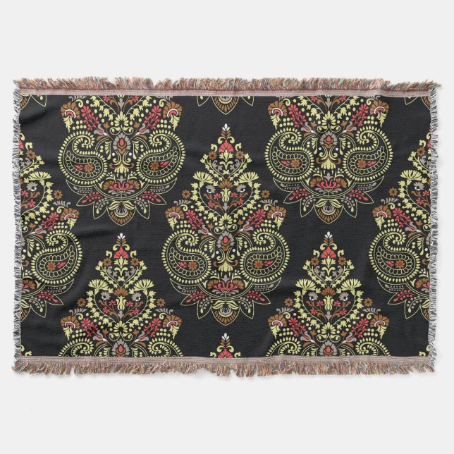 Indisk paisley, geometrisk svart bakgrund filt (Framsidan)