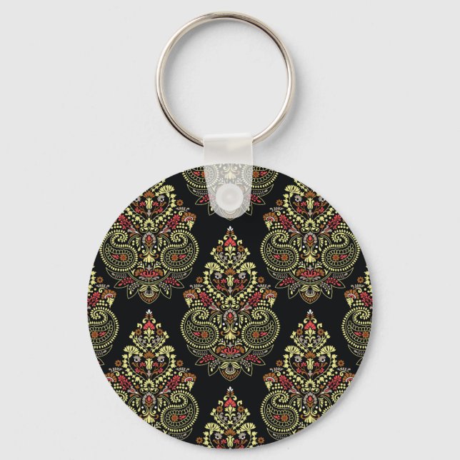 Indisk paisley, geometrisk svart bakgrund nyckelring (Framsida)