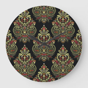 Indisk paisley, geometrisk svart bakgrund stor klocka