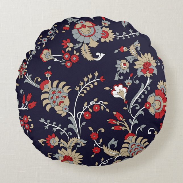 Indisk paisley, marin bakgrund, traditionell. rund kudde (Framsidan)