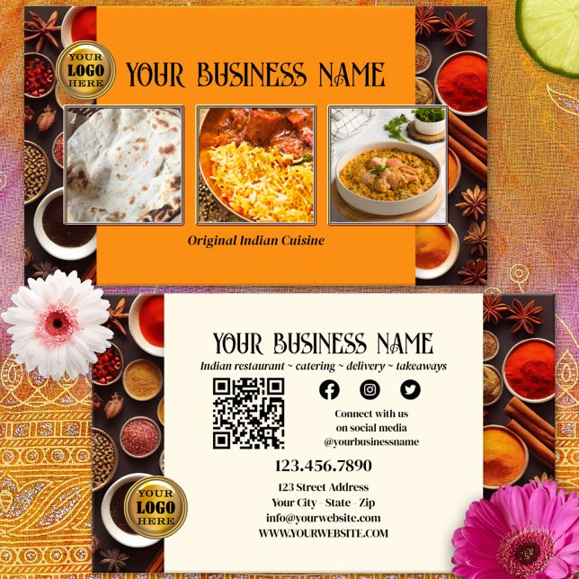 Indisk Restaurang QR-kod Foto Sociala Medier Visitkort (Business card for an Indian restaurant or catering company with photos of your best selling dishes)