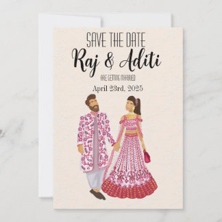 Indisk Rosa Bröllop Illustrated Couple Spara Datumet