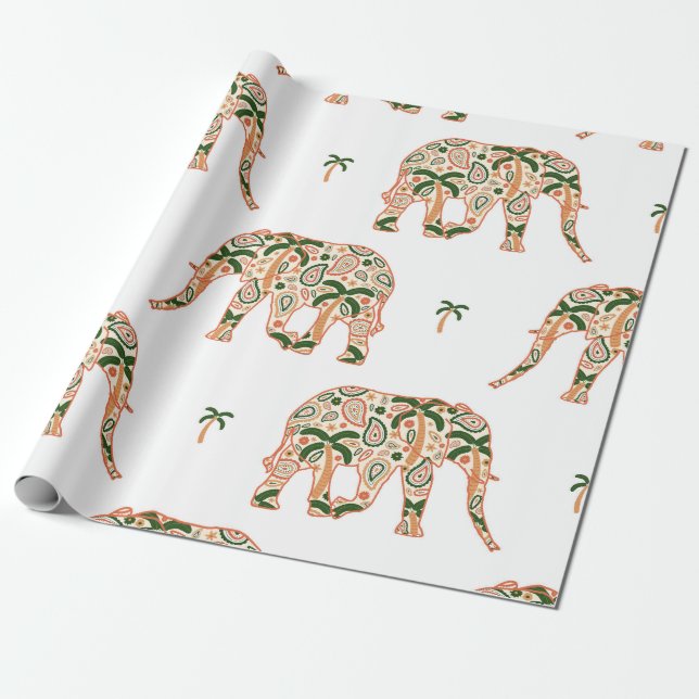 Indiska blommiga paisley-utsmyckade elefanter presentpapper (Utrullad)
