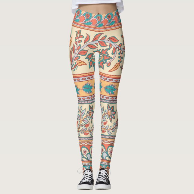 Indiska Blommigten Gräns Sömlösa Mönster Leggings (Framsida)
