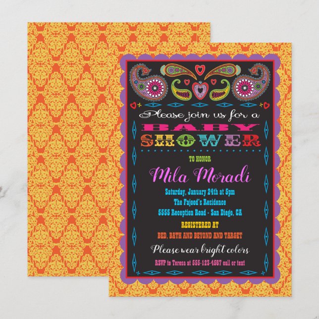 Indiska Bollywood Inspired Baby Shower Inbjudningar (Fram/baksida)