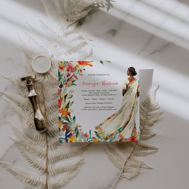 indiska Bride i Saree | Blommigt Mehendi Firande (Skapare uppladdad)