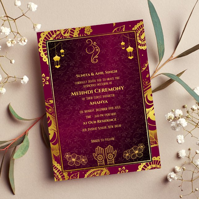 indiska Bride Mehndi Ceremony Golden Design Inbjudningar (Skapare uppladdad)