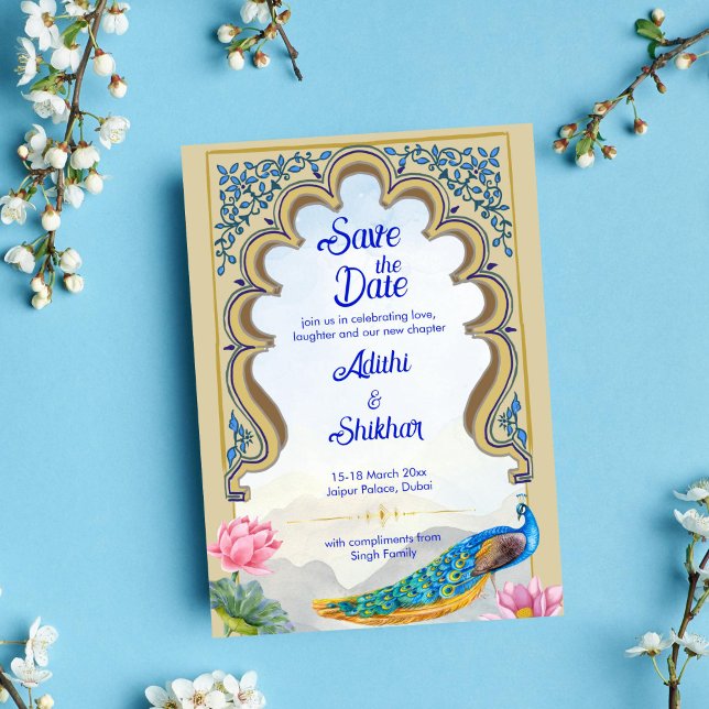 Indiska bröllop (blåblåblått) inbjudningar (Indian wedding save the date Rajastan blue window with peacock and lotus template invitation instant)