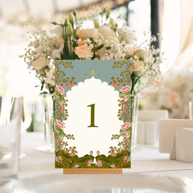 Indiska Bröllop Blommigt Lotus Oriental Bordsnummer (Indian Wedding Floral Teal Lotus Roses Table Number)