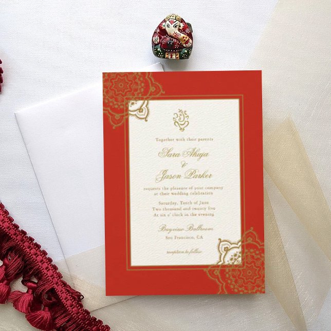 Indiska Bröllop Ganesh Red & Guld Mandala Inbjudningar (Skapare uppladdad)