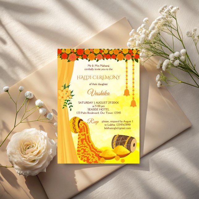 Indiska bröllop haldi-ceremonin inbjudningar (Indian wedding haldi ceremony invitation cards template yellow marigolds haldi invitations)