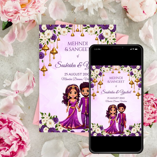 Indiska bröllop Mehndi lila, söt möhippa par Inbjudningar (Indian wedding Mehndi Sangeet purple  gold bells cute bridal couple cartoon Invitation template)