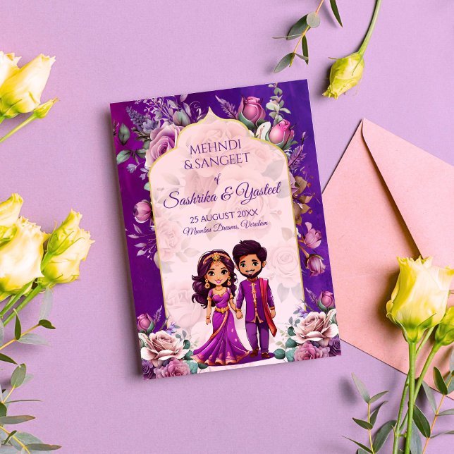 Indiska bröllop Mehndi lila, söt möhippa par Inbjudningar (Indian wedding Mehndi Sangeet purple cute bridal couple caricature Invitation template download)