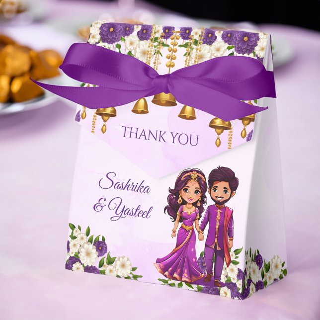 Indiska bröllop Mehndi lila, söt möhippa par Presentaskar (Indian wedding Mehndi Sangeet favors purple flowers cute bridal couple caricature printed Favor Box)