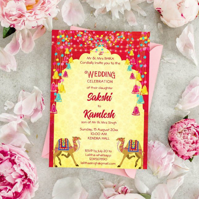 Indiska bröllop Rajasthani kameler färgstarka Inbjudningar (Indian wedding template invitation instant download Rajasthani camels arch frame cerise and yellow)