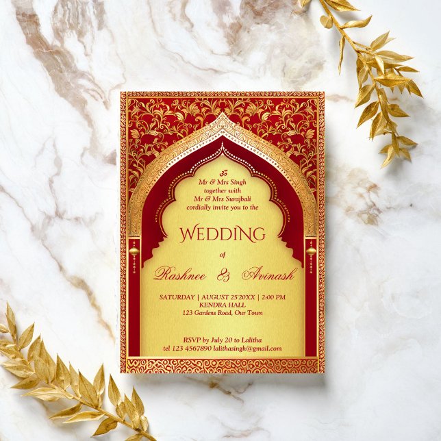 Indiska bröllop-rött och guld-vintage-båge inbjudningar (Indian wedding red and gold vintage style arch traditional invitation template instant  download)