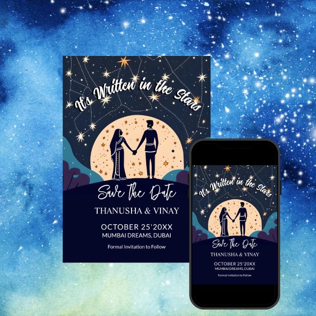 Indiska bröllop spara datum är skrivet i stjärnor inbjudningar (Indian wedding save the date it's written in the stars unique template invitation digital download)