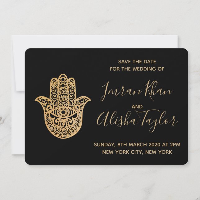 Indiska Bröllop spara datum Guld hamsa Henna Spara Datumet (Framsida)