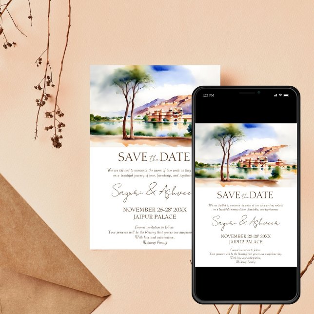 Indiska bröllop spara datum Jaipur palatsceneri Inbjudningar (Indian wedding save the date editable template invitation digital download Jaipur palace scenery)