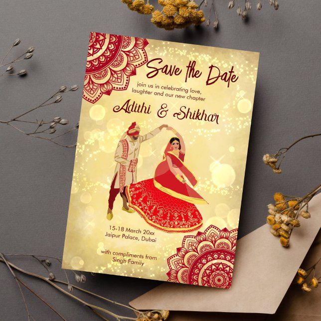 Indiska bröllop spara datum-sjön och guld inbjudningar (Indian wedding save the date maroon and gold dancing Indian bridal couple mandalas template invite)