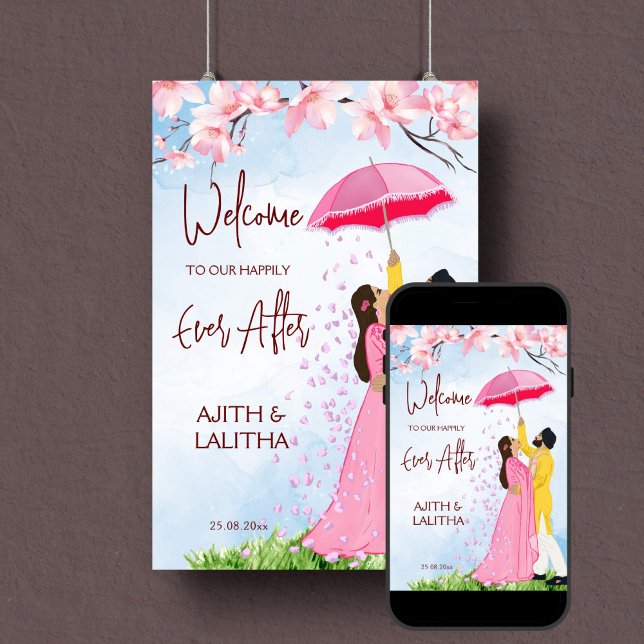 Indiska bröllop välkomsttecken par med paraply poster (Indian wedding welcome sign poster instant download romantic sikh couple umbrella falling petals )
