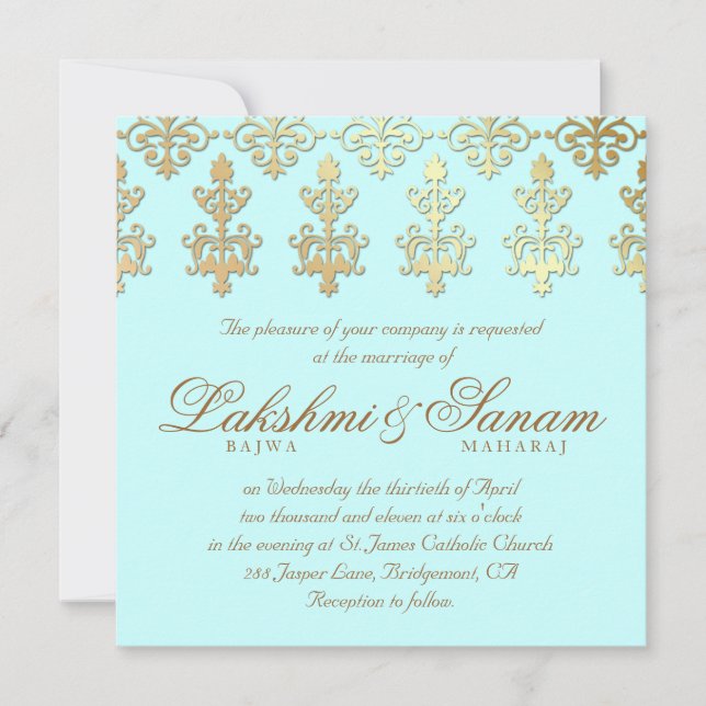 Indiska bröllopsinbjudan Damask Guld Baby blue Inbjudningar (Framsida)