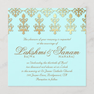 Indiska bröllopsinbjudan Damask Guld Baby blue Inbjudningar