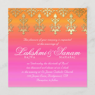 Indiska bröllopsinbjudan Damask Guld Rosa Orange Inbjudningar
