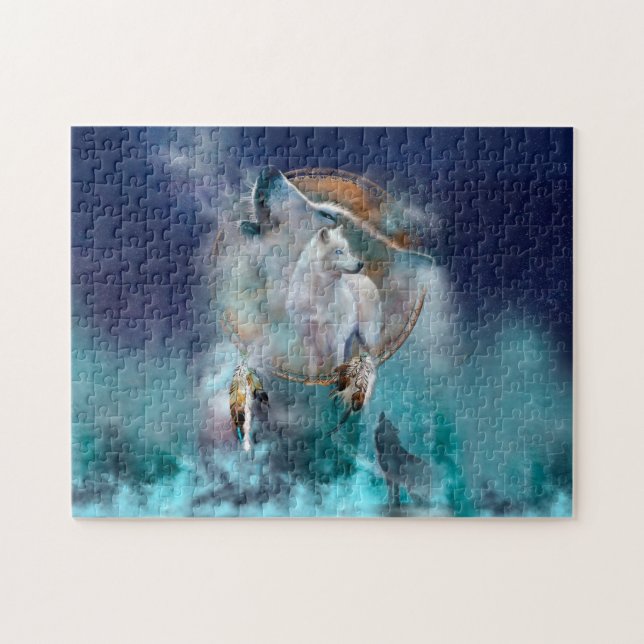 Indiska drömmare och stamstamhuvudens varg pussel (Horisontell)