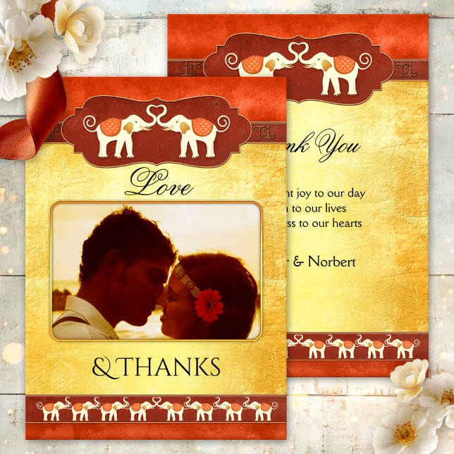 Indiska elefanter Foto Tack-kort Tack Kort (Wedding Thank You card featuring your own photo framed by a unique design with ivory elephants)