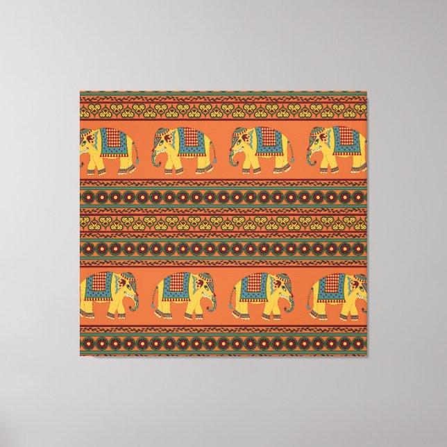 Indiska elefanter, Orange Traditional Seamless. Canvastryck (Framsida)