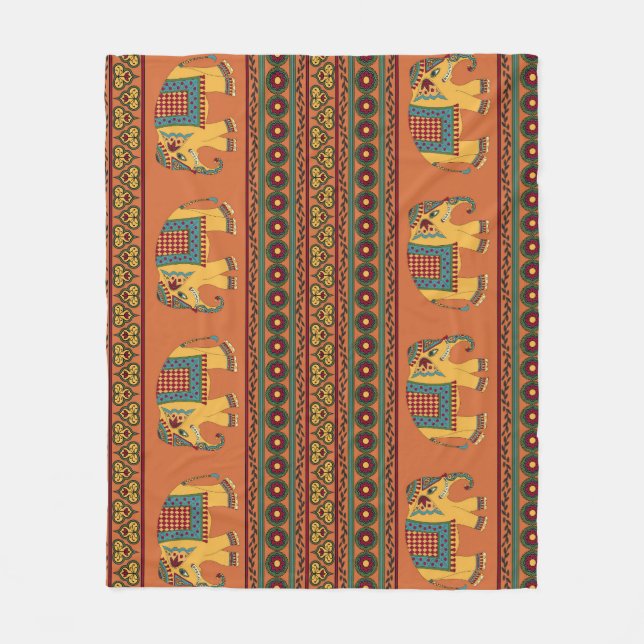 Indiska elefanter, Orange Traditional Seamless. Fleecefilt (Framsidan)