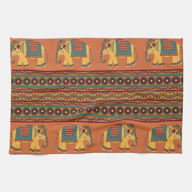 Indiska elefanter, Orange Traditional Seamless. Kökshandduk (Horisontell)