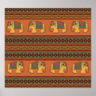 Indiska elefanter, Orange Traditional Seamless. Poster