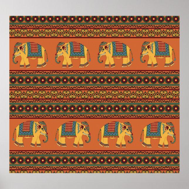 Indiska elefanter, Orange Traditional Seamless. Poster (Framsidan)