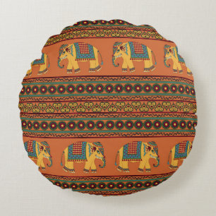 Indiska elefanter, Orange Traditional Seamless. Rund Kudde