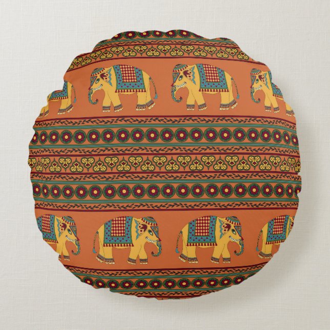Indiska elefanter, Orange Traditional Seamless. Rund Kudde (Framsidan)