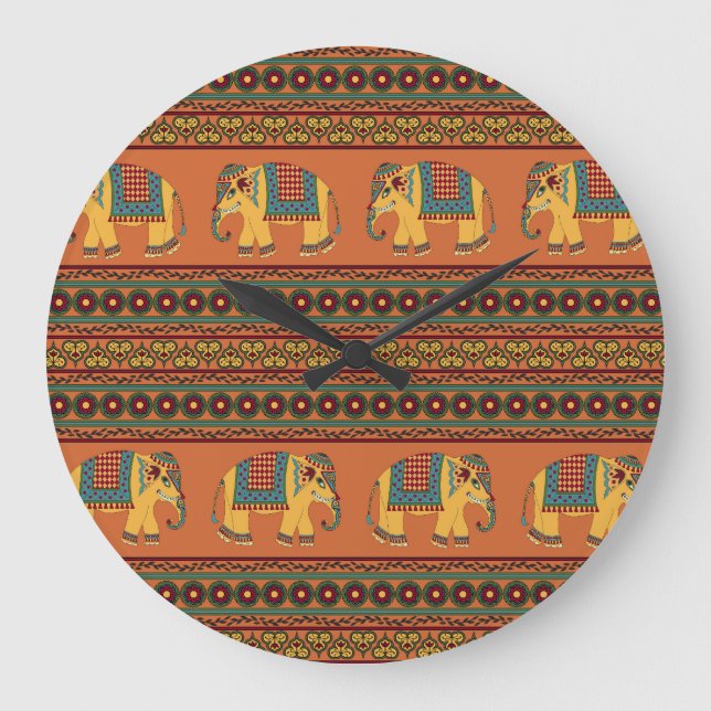 Indiska elefanter, Orange Traditional Seamless. Stor Klocka (Framsida)