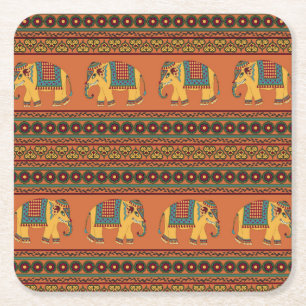 Indiska elefanter, Orange Traditional Seamless. Underlägg Papper Kvadrat