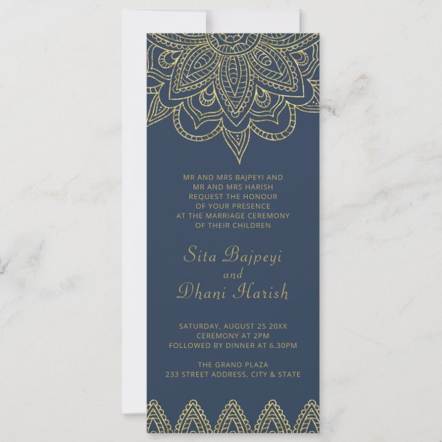 Indiska Eleganten Navy Guld Mehndi Hindu Bröllop I Inbjudningar (Framsida)