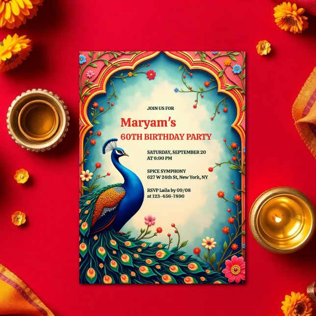 Indiska Elegantens Blommigt Peacock 60:e födelseda Inbjudningar (Indian Shashtipoorthi Peacock 60th Birthday Invitation Elegant Floral Design)