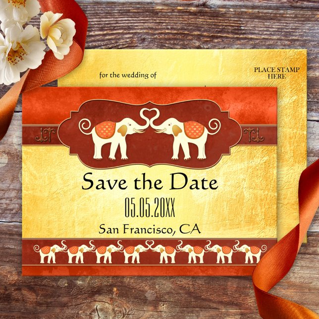 Indiska elfenbens elefanter Spara datum vykort (Save the Date postcard featuring two happy elephants. Great for a zoo, safari or Asian wedding)